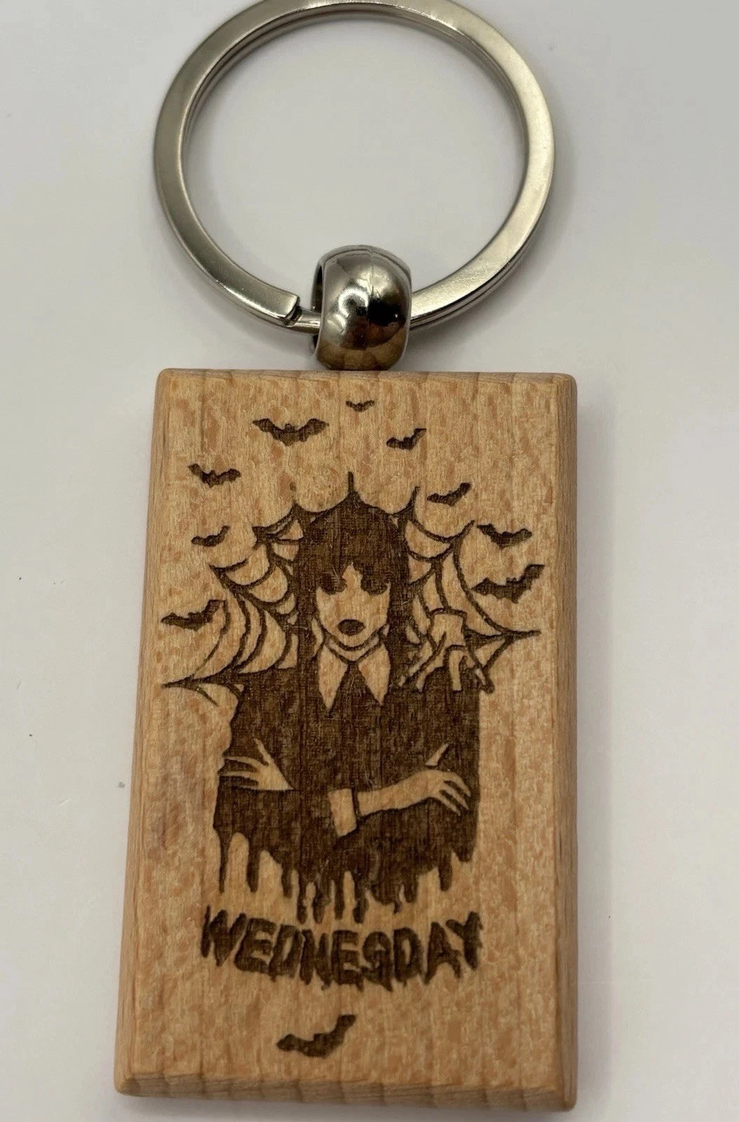 Laser Engraved Wooden Wednesday Addams Keychain – Gothic Spooky Gift