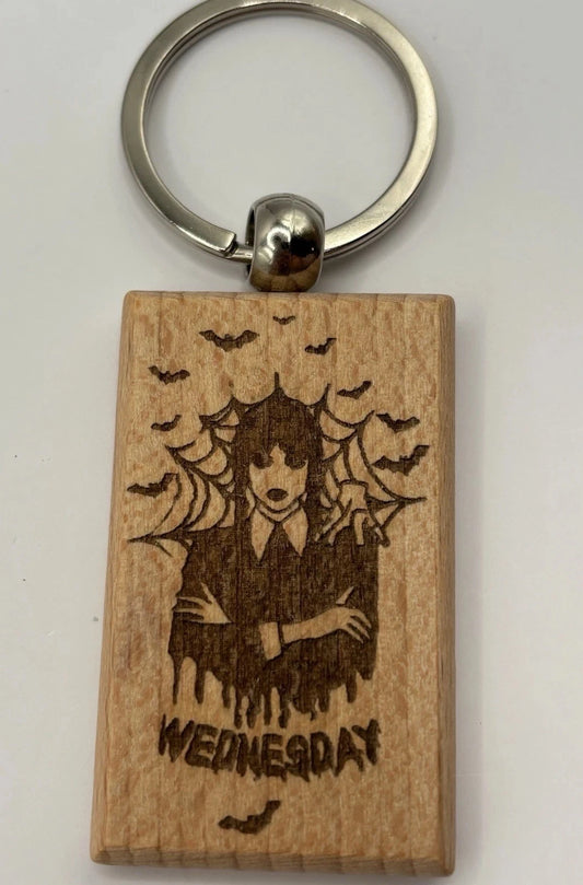 Laser Engraved Wooden Wednesday Addams Keychain – Gothic Spooky Gift