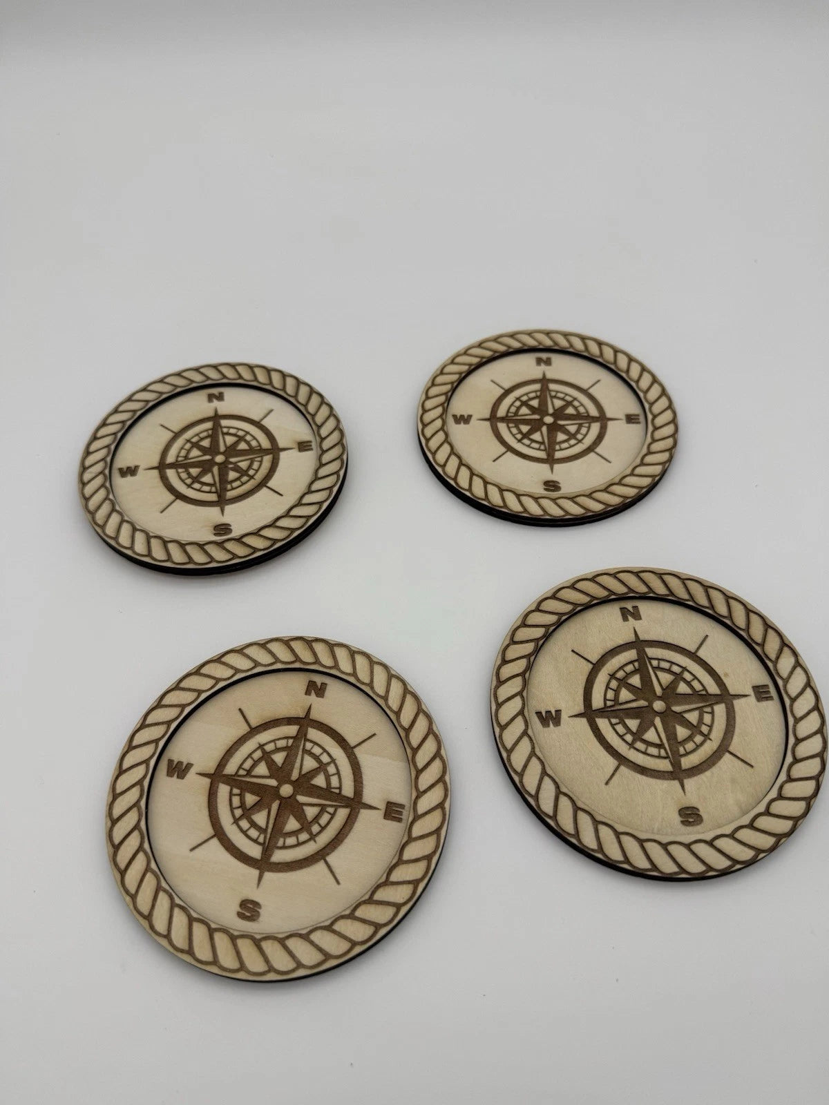 Laser Engraved Nautical Coaster Set - Compass and Rope 4 Pack Handmade USA