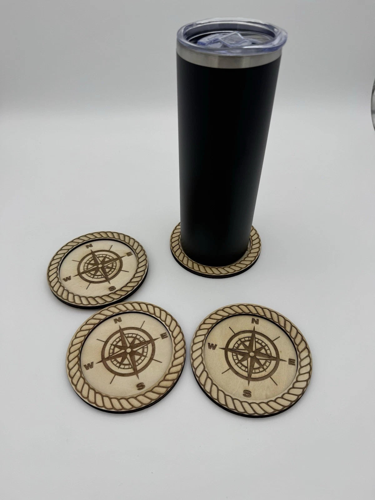 Laser Engraved Nautical Coaster Set - Compass and Rope 4 Pack Handmade USA