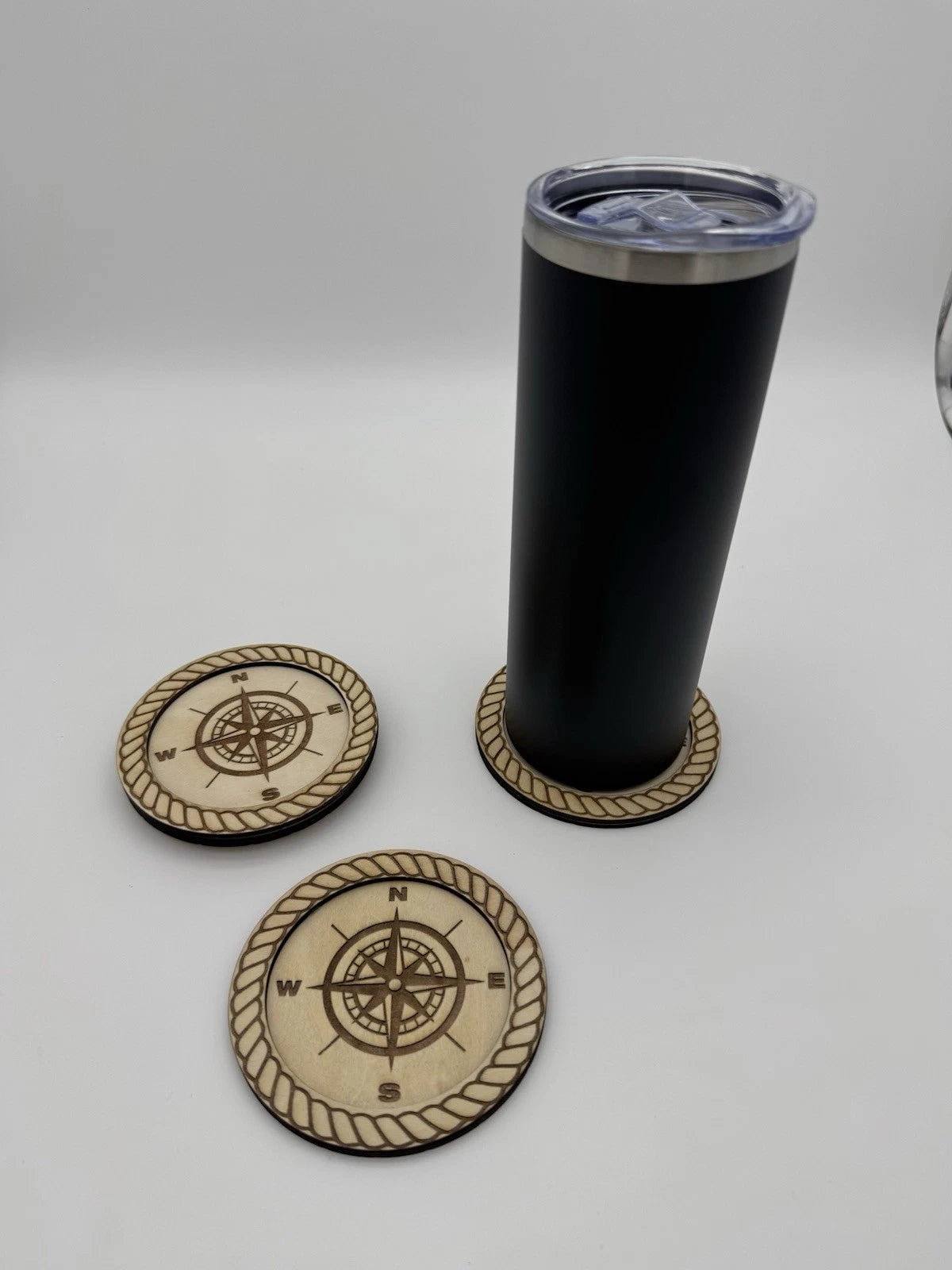 Laser Engraved Nautical Coaster Set - Compass and Rope 4 Pack Handmade USA