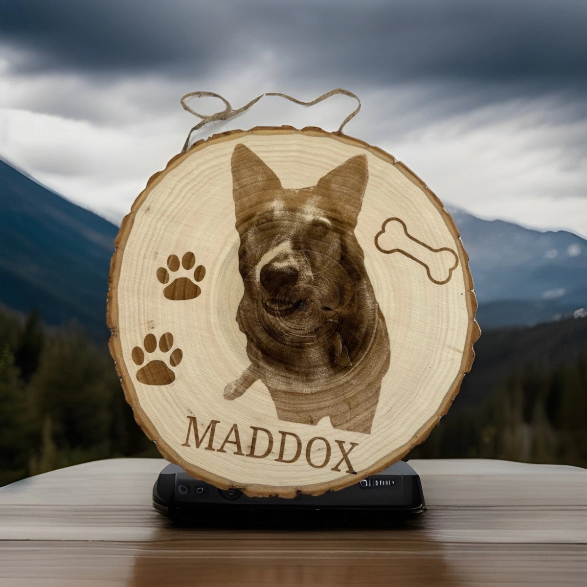 Custom Pet Portrait Wood Slice Sign | Rustic Pet Memorial Gift | 10x10" Size