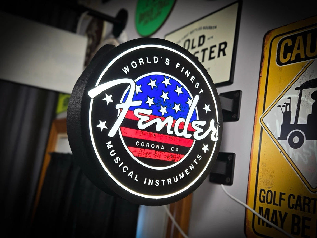 Fender Guitars 13”  Pub Style Dual Side Light Up LED Sign Gas Station Mancave
