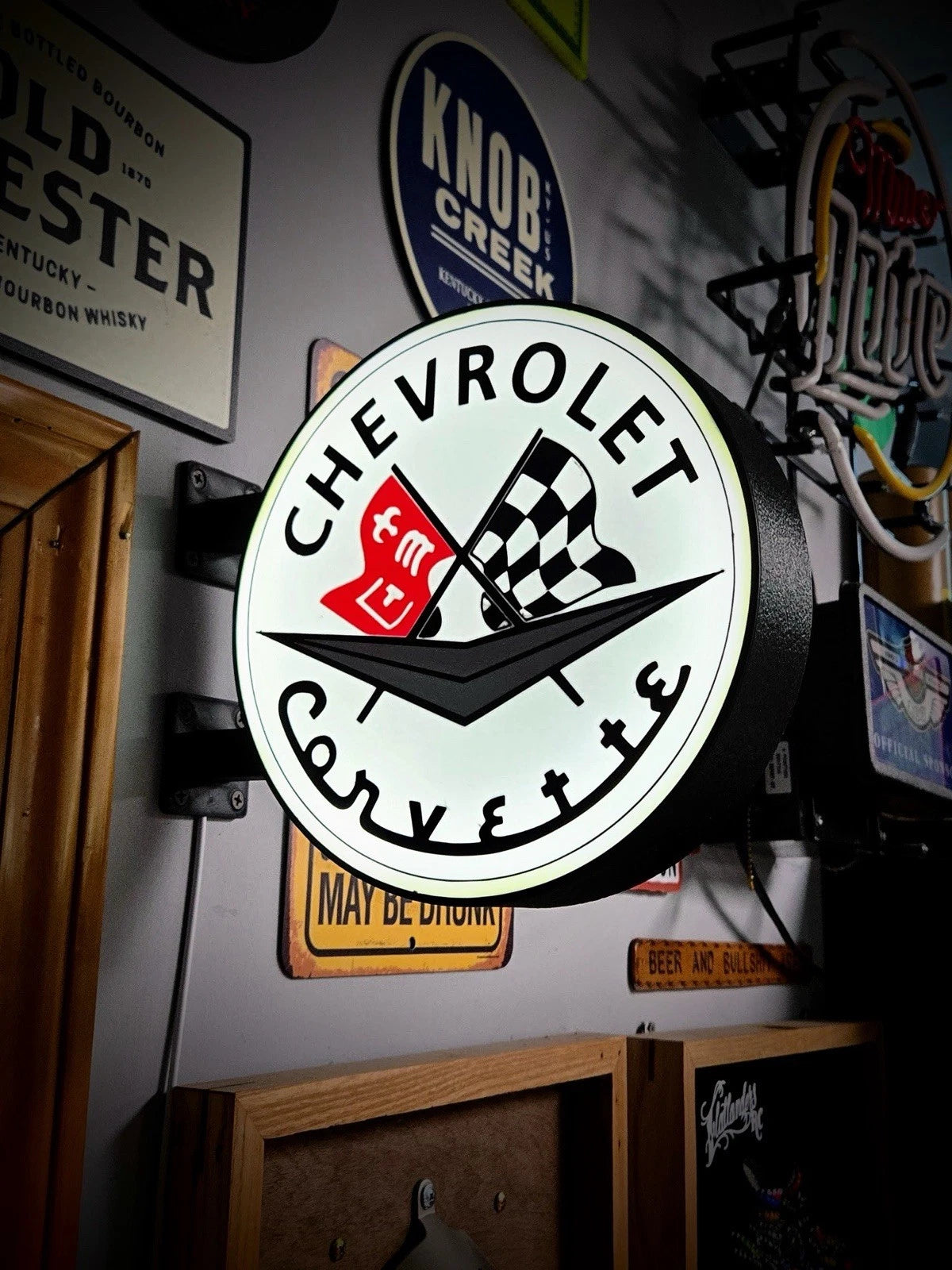 Chevrolet Corvette 13”  Pub Style Dual Side Light Up LED Sign Mancave Garage Pub