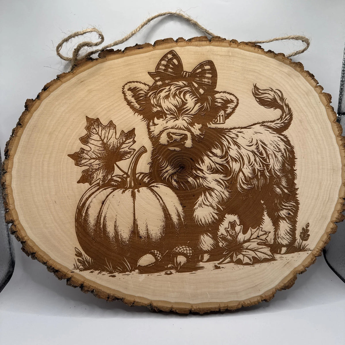 Cute Highland Cow Calf  Rustic Live Edge Wood Wall Sign Fall  Decor