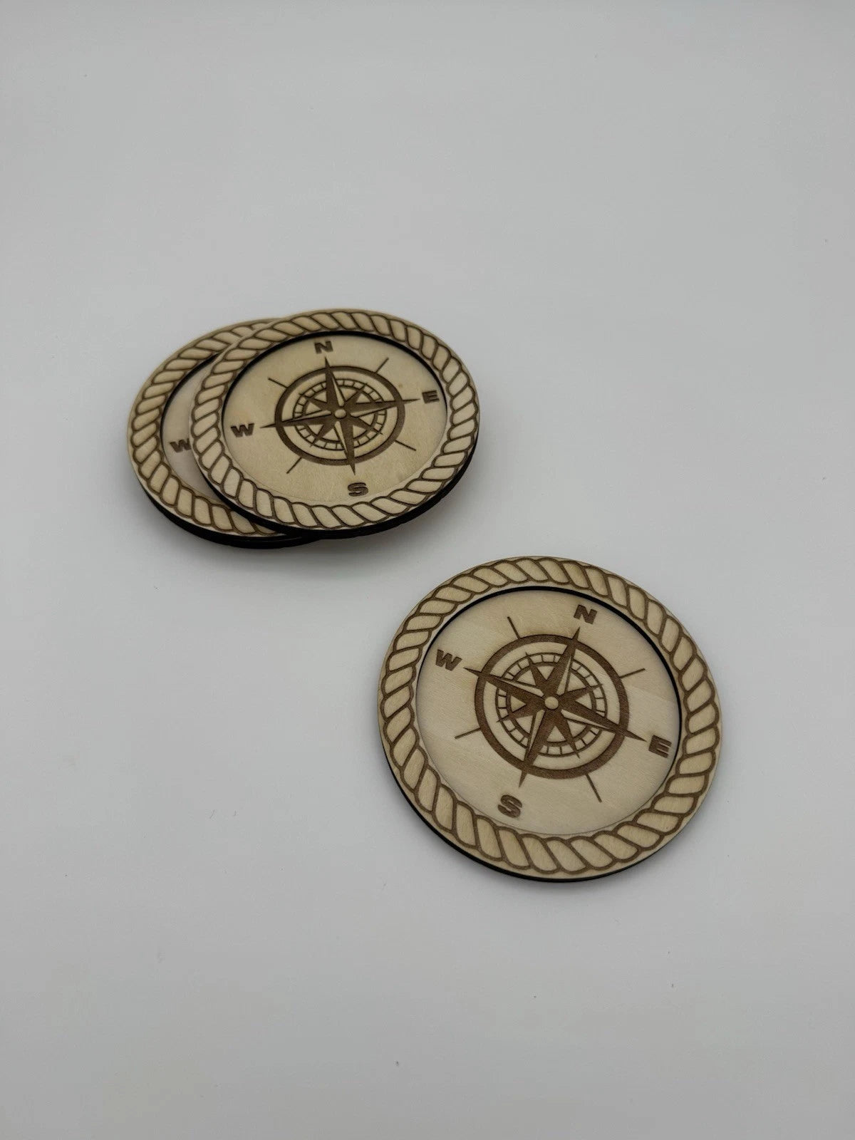 Laser Engraved Nautical Coaster Set - Compass and Rope 4 Pack Handmade USA