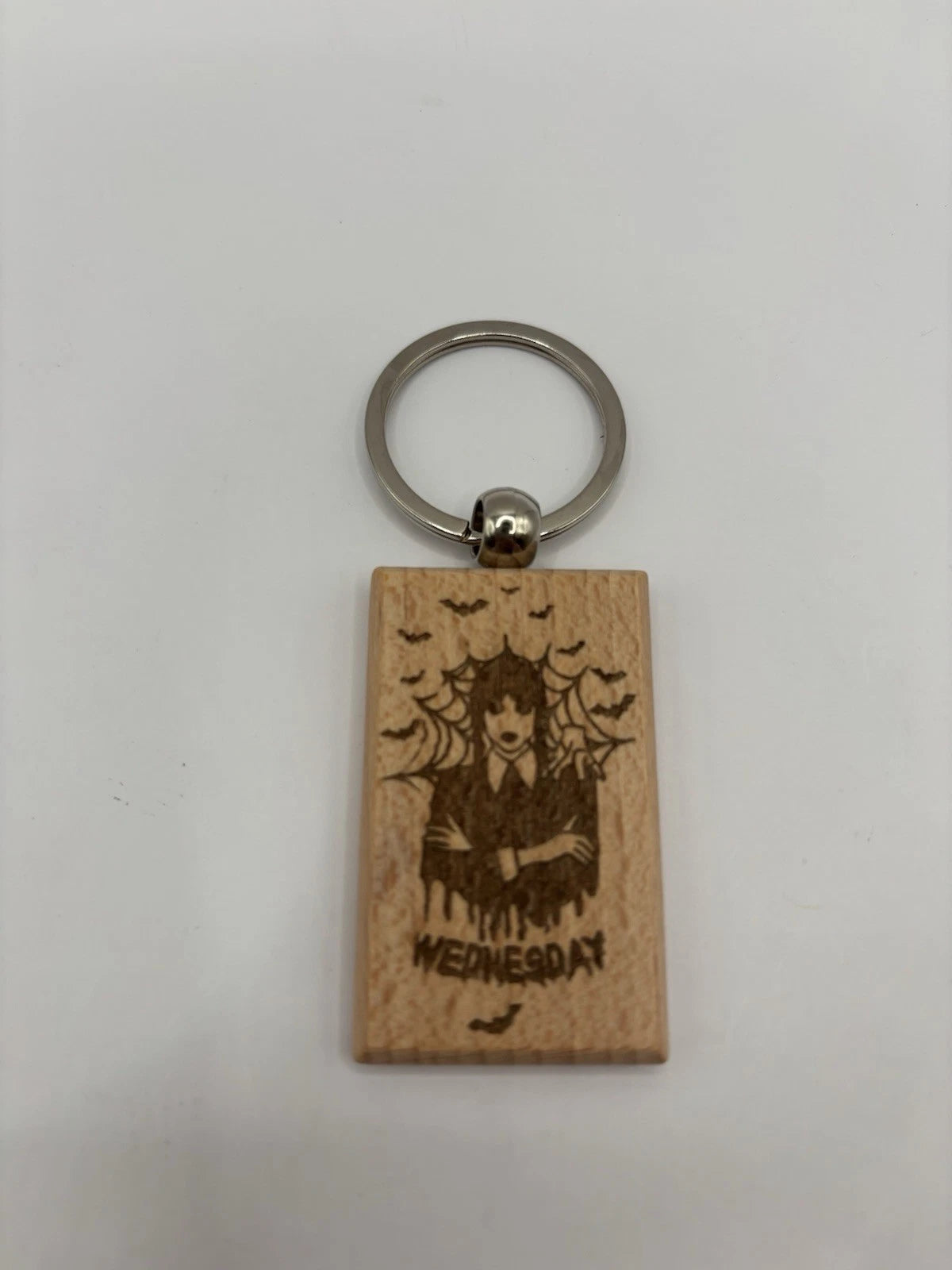 Laser Engraved Wooden Wednesday Addams Keychain – Gothic Spooky Gift