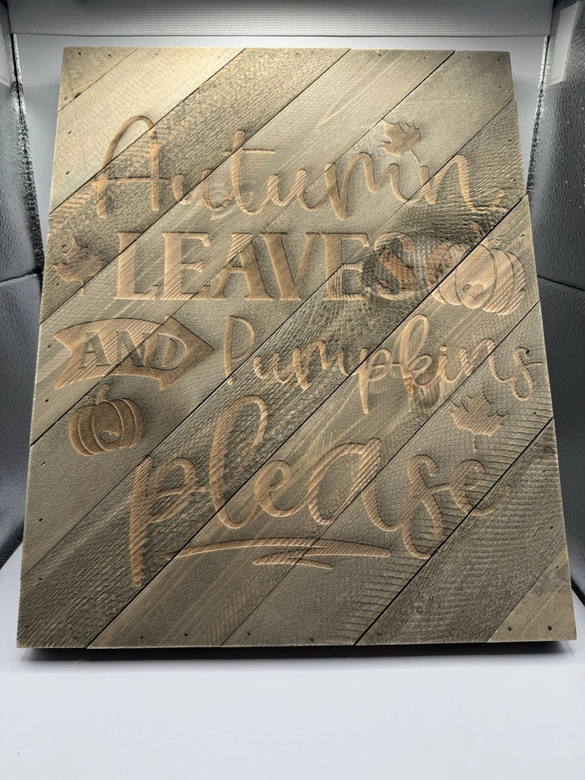 Cute Rustic Barn Wood Sign Fall Decoration - Leaves And Pumpkins - Hand Made