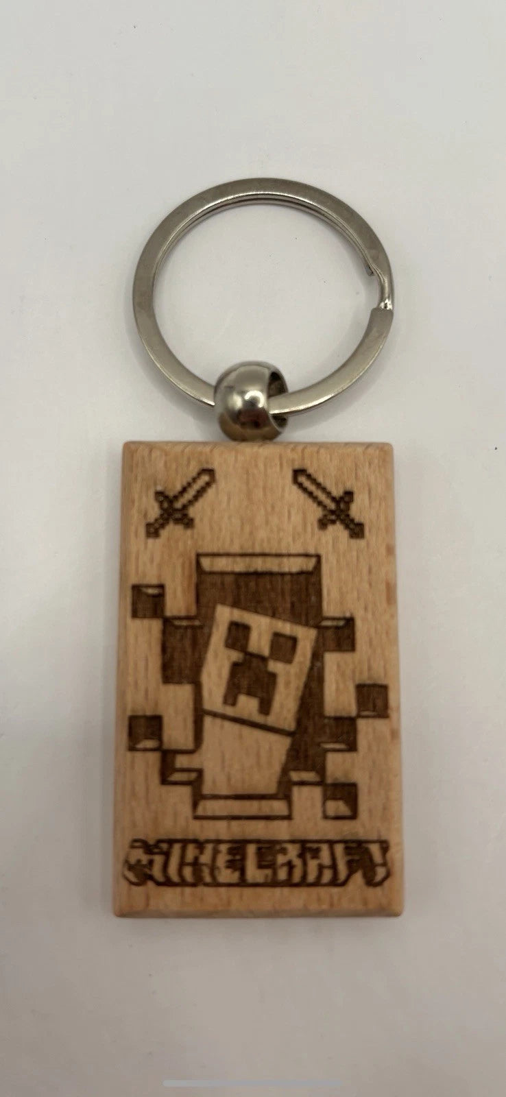 Laser Engraved Wooden Minecraft Keychain – Pixel Creeper Design Gamer Gift