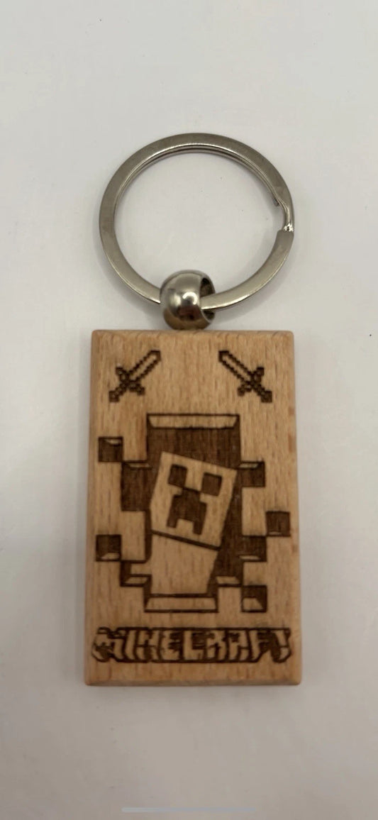 Laser Engraved Wooden Minecraft Keychain – Pixel Creeper Design Gamer Gift