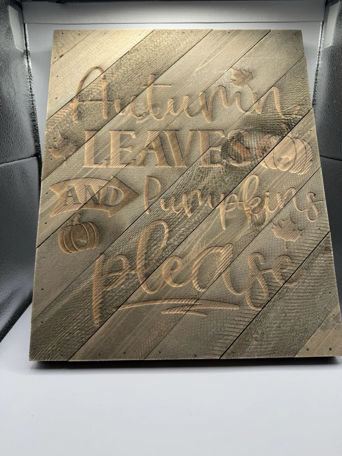 Cute Rustic Barn Wood Sign Fall Decoration - Leaves And Pumpkins - Hand Made