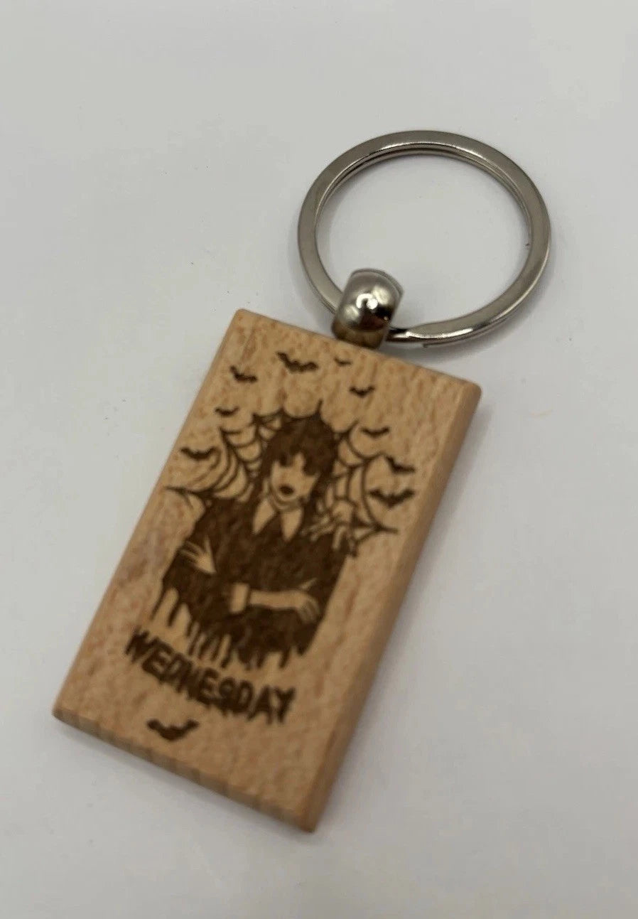 Laser Engraved Wooden Wednesday Addams Keychain – Gothic Spooky Gift