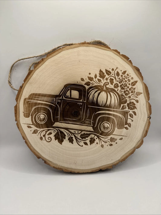 Old Truck Pumpkin Fall Halloween Rustic Live Edge Wood Wall Sign Decor