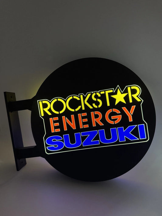 Rockstar Energy Suzuki Pub Style Dual Side Light Up LED Sign Bar Man Cave Wall