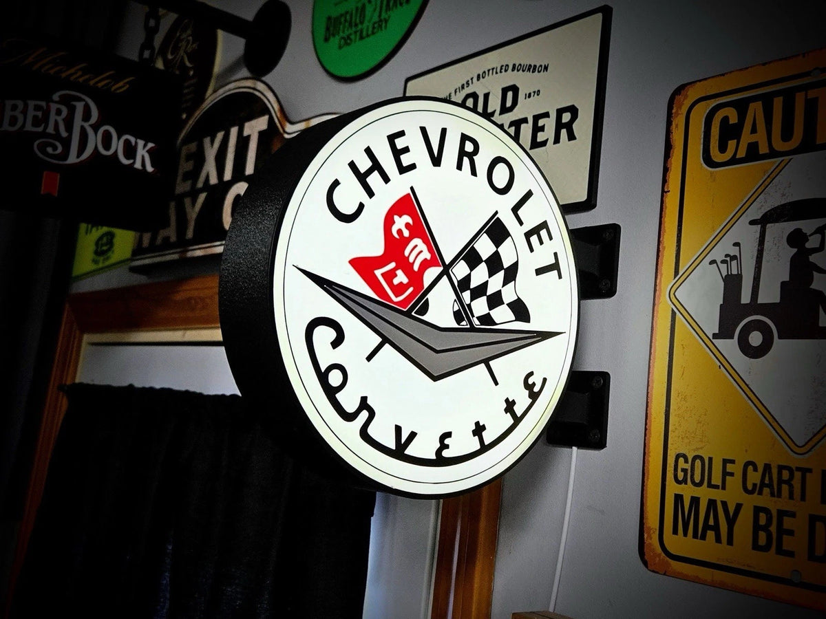 Chevrolet Corvette 13”  Pub Style Dual Side Light Up LED Sign Mancave Garage Pub