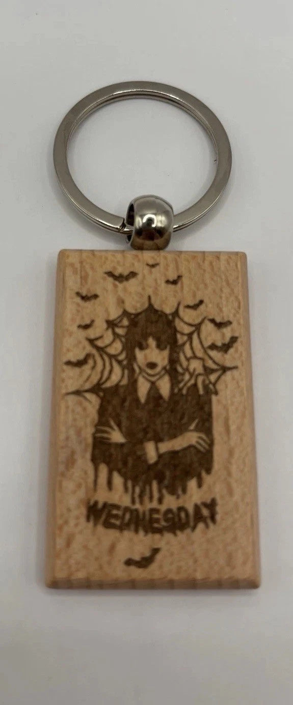 Laser Engraved Wooden Wednesday Addams Keychain – Gothic Spooky Gift