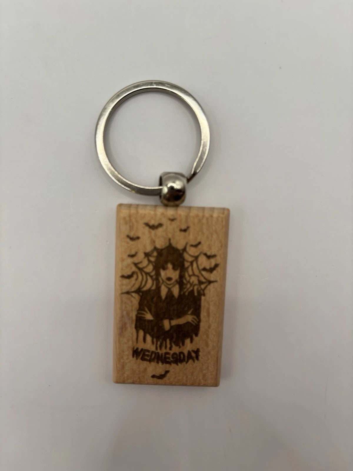 Laser Engraved Wooden Wednesday Addams Keychain – Gothic Spooky Gift