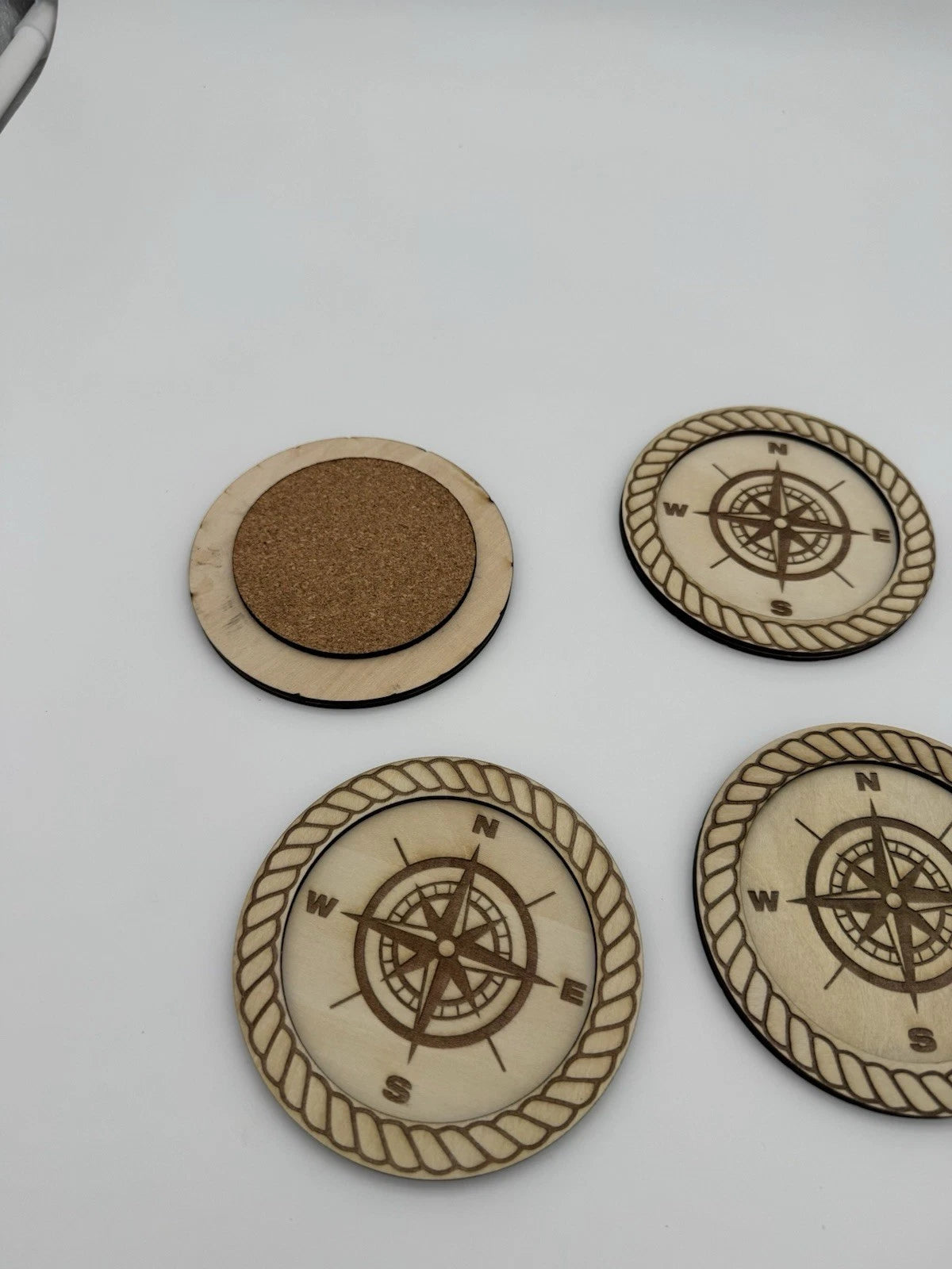 Laser Engraved Nautical Coaster Set - Compass and Rope 4 Pack Handmade USA