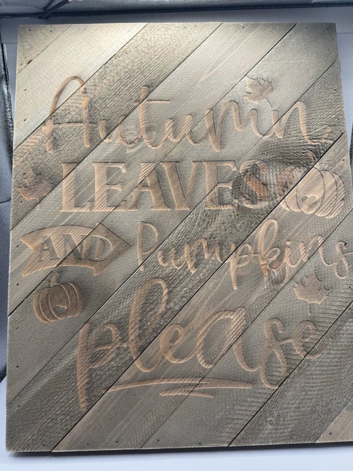 Cute Rustic Barn Wood Sign Fall Decoration - Leaves And Pumpkins - Hand Made